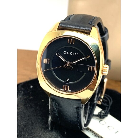 GUCCI Women's Watch YA142509 Swiss Quartz Rose Gold 29mm Black Dial Leather Band - Picture 1 of 14